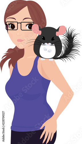Girl with chinchilla in glasses in blue shirt isolated on white background.