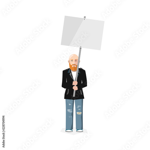 Demonstrator with blank poster, flat character isolated on white