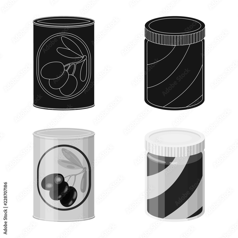 Vector illustration of can and food symbol. Collection of can and package stock symbol for web. Vector illustration of can and food symbol. Collection of can and package stock symbol for web.