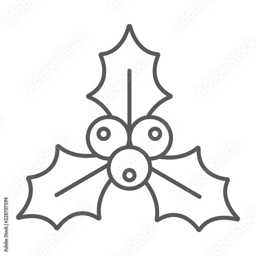 Christmas holly berry thin line icon, xmas and winter, plant sign, vector graphics, a linear pattern on a white background.