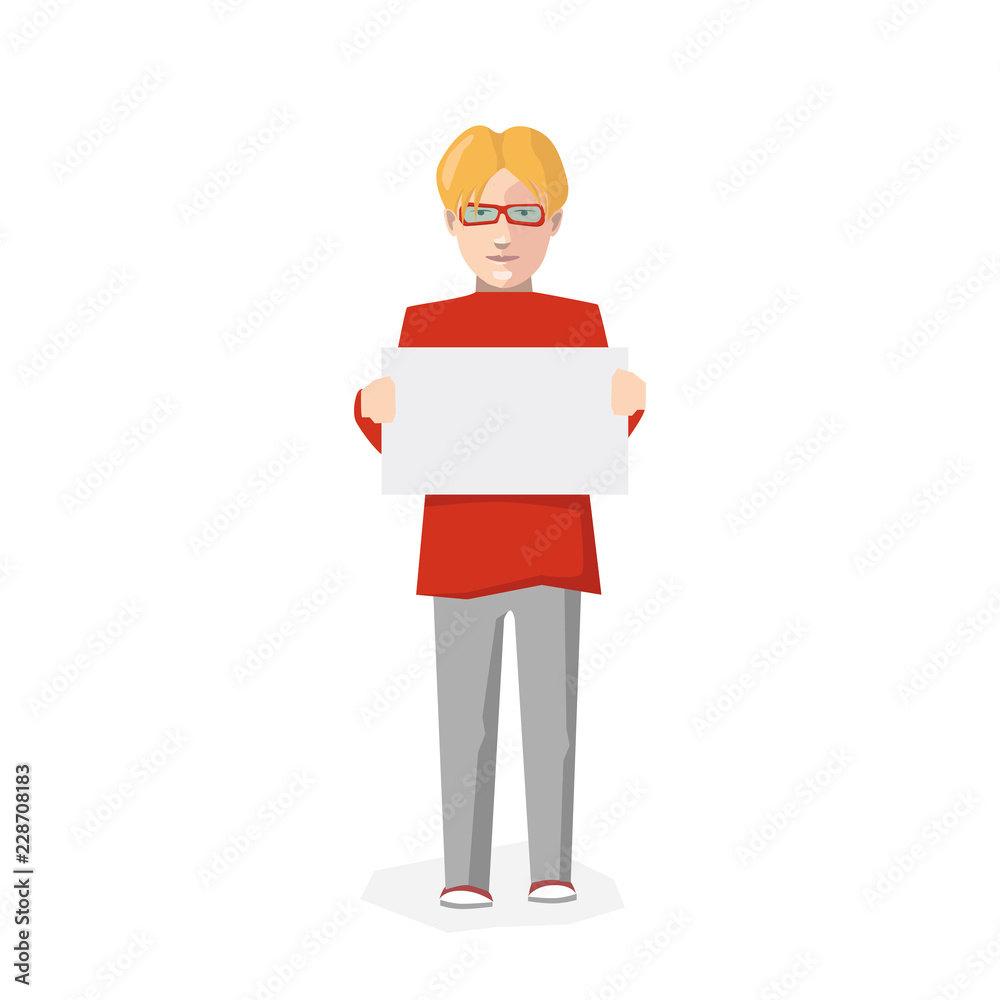 Man with blank poster, flat character isolated on white Man with blank poster, flat character isolated on white