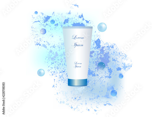 Advertising cosmetics for body care, cream, shower gel. The bottle is white, water drops on a blue background.