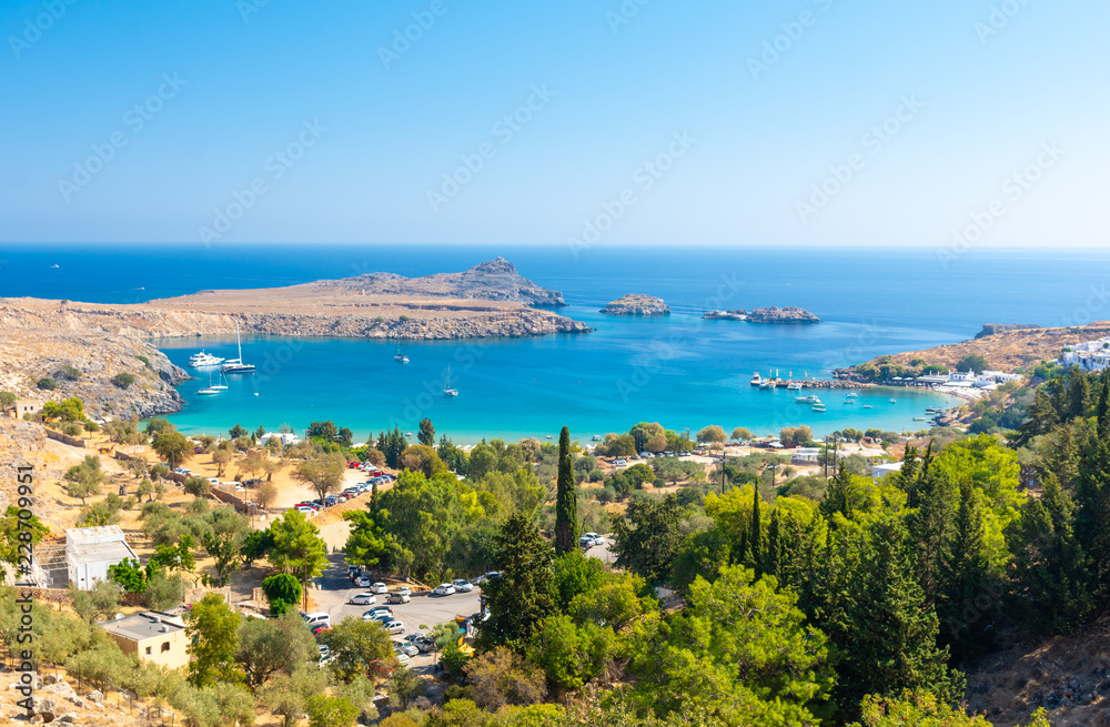 view on azure bay in Lindos town, Rhodes island, Greece