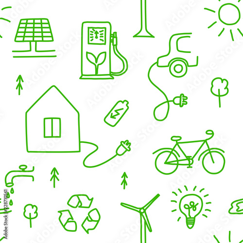 Seamless pattern of hand drawn ecology symbols with house, wind power plant, solar power plant, sun, lamp, e-car, bike, gas station, water, batery, trees and lettering. Vector illustration