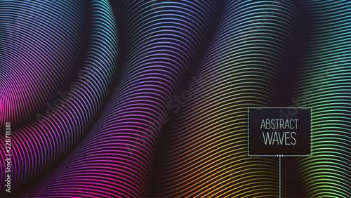 Vector warped lines background. Flexible stripes twisted as silk forming volumetric folds. Fluent colorful stripes with variable width. Modern creative abstract background.
