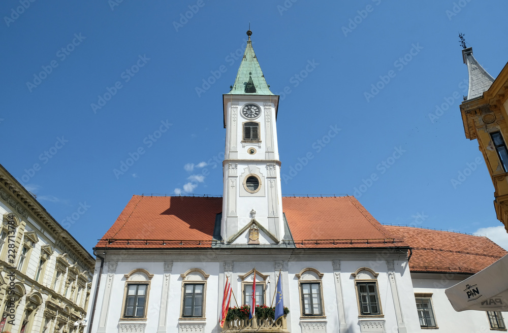 Varazdin city hall with clock tower, one of the most famous landmark in town, Varazdin, Croatia