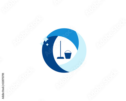 Cleaning logo idea with abstract circle and mop with bucket