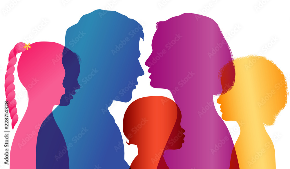 Family concept. Profiles with mom - dad - little boy - girl. Colored silhouette. Multiple exposure. Vector