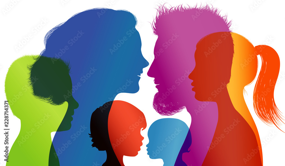 Profiles with mom - dad - little boy - girl. Family concept. Colored silhouette. Vector. Multiple exposure