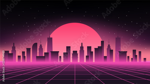 Night cityscape vector illustration. Silhouettes of urban buildings.