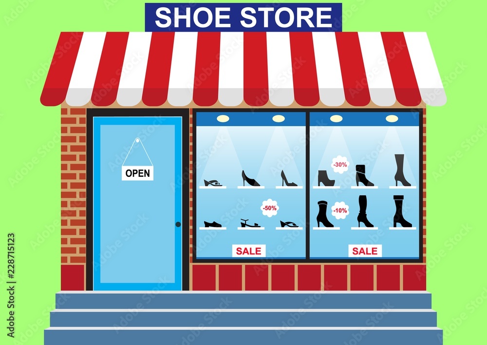 Women's Shoe store, shop window, discounts -10% -30% -50%, banner