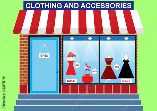 Shop of women's clothing, footwear and accessories, shop window, discounts