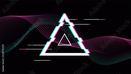Triangle with glitch effect. Vector background.