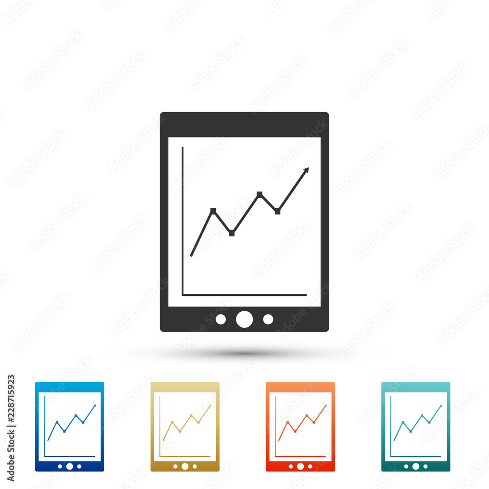Tablet with statistic graph chart icon isolated on white background. Financial chart and graph sign. Set elements in colored icons. Flat design. Vector Illustration Tablet with statistic graph chart icon isolated on white background. Financial chart and graph sign. Set elements in colored icons. Flat design. Vector Illustration