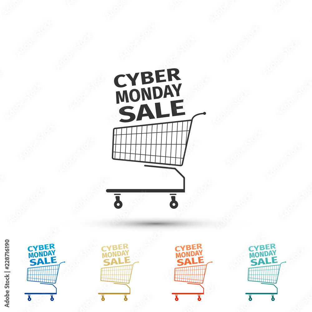 Cyber Monday Sale. Shopping cart icon isolated on white background. Set elements in colored icons. Flat design. Vector Illustration Cyber Monday Sale. Shopping cart icon isolated on white background. Set elements in colored icons. Flat design. Vector Illustration
