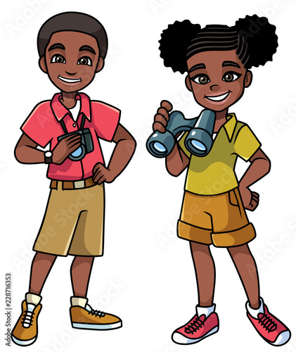 Cartoon illustration of 2 happy young explorers ready for their next adventure and isolated on white background. 