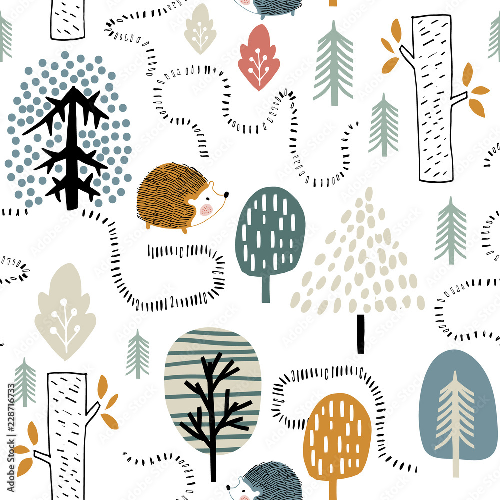 Fototapeta Semless woodland pattern with hedgehogs. Scandinaviann style childish texture for fabric, textile, apparel, nursery decoration. Vector illustration