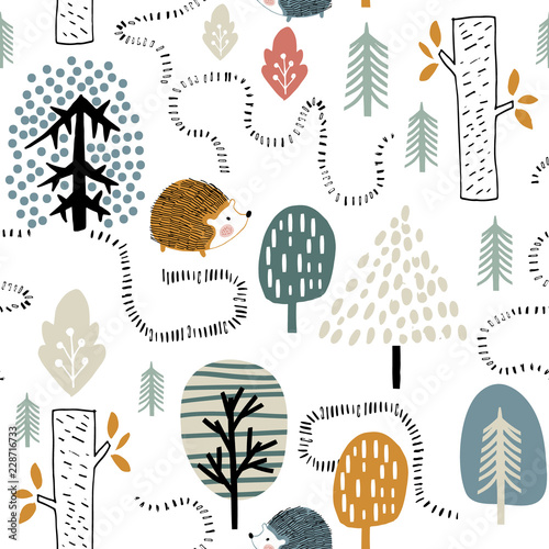 Semless woodland pattern with hedgehogs. Scandinaviann style childish texture for fabric, textile, apparel, nursery decoration. Vector illustration