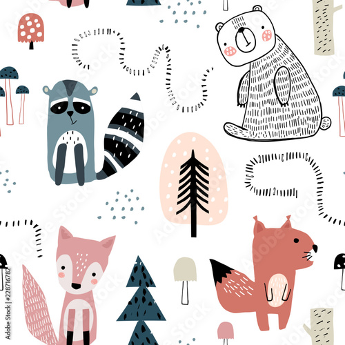 Semless woodland pattern with cute characters and hand drawn elements. Scandinaviann style childish texture for fabric, textile, apparel, nursery decoration. Vector illustration