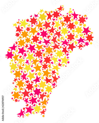 Map of Jiangxi Province composed with colored flat stars. Vector colored geographic abstraction of Map of Jiangxi Province with red, yellow, orange stars.