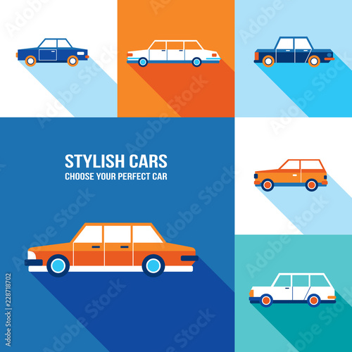 Stylish car icon set. Modern flat design style. Vector illustration