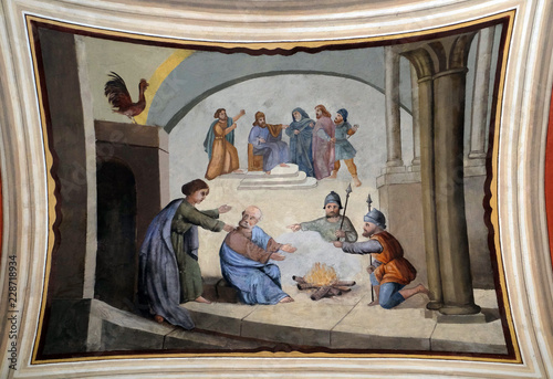 Obraz na plátne Peter denies Jesus before the rooster crows three times, fresco in the church of