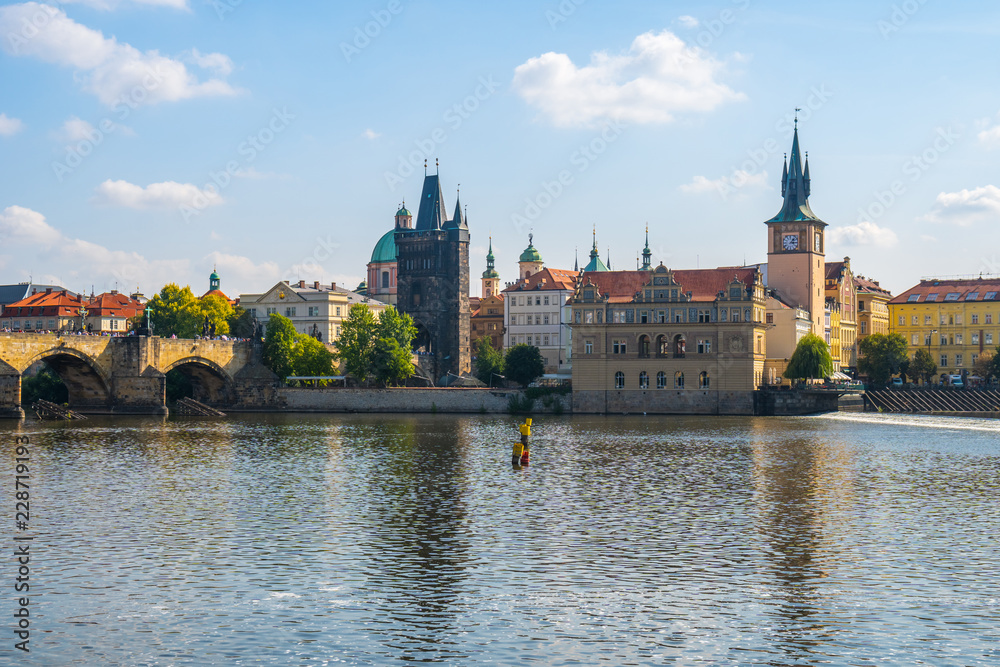 Naklejka premium Pedestrians only Charles Bridge over Vltava river in Prague, Czech Republic