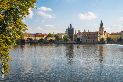 Pedestrians only Charles Bridge over Vltava river in Prague, Czech Republic