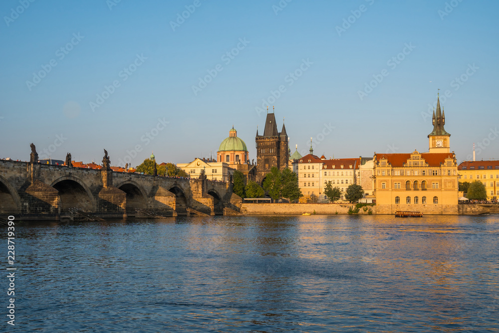 Pedestrians only Charles Bridge over Vltava river in Prague, Czech Republic