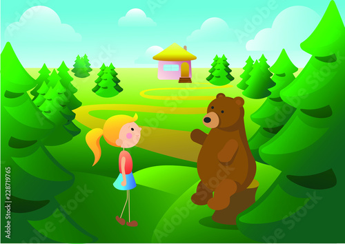 Bear talking to a girl in the forest. Vector illustration