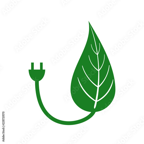 Green energy concept of generic leaf merged with electrical power cord.