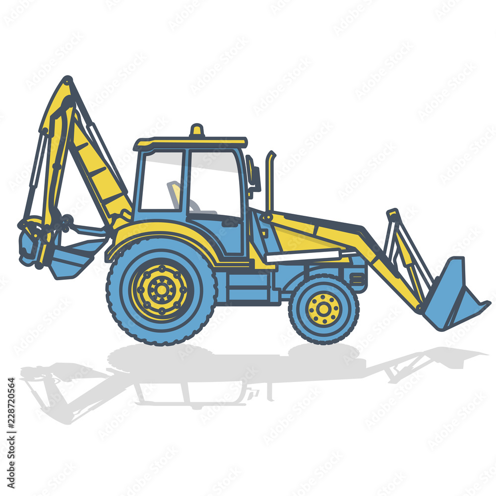 Naklejka premium Blue yellow outlined big excavator, digger on white. Digging of ground. Construction machinery and ground works. Professional flatten isolated illustration master vector