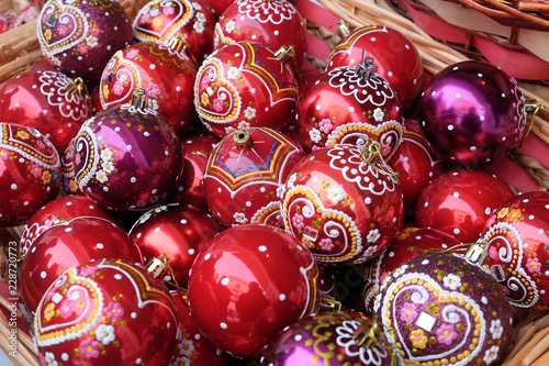 Stall with decorations for winter holidays at traditional annual Christmas market in Zagreb, Croatia on November 30, 2016.