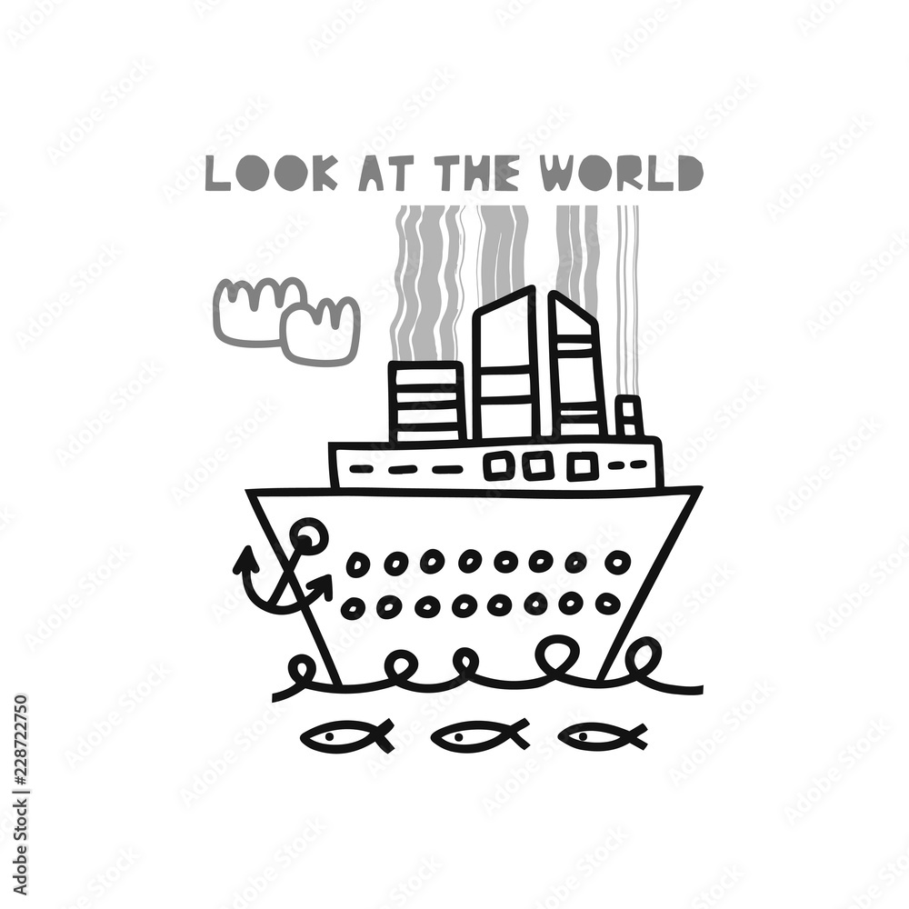 Travel card concept with ship and text. Doodle style
