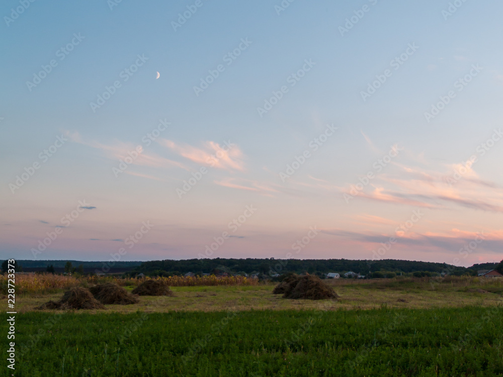 stacks at sunset on beautiful colored sky background with small moon far away