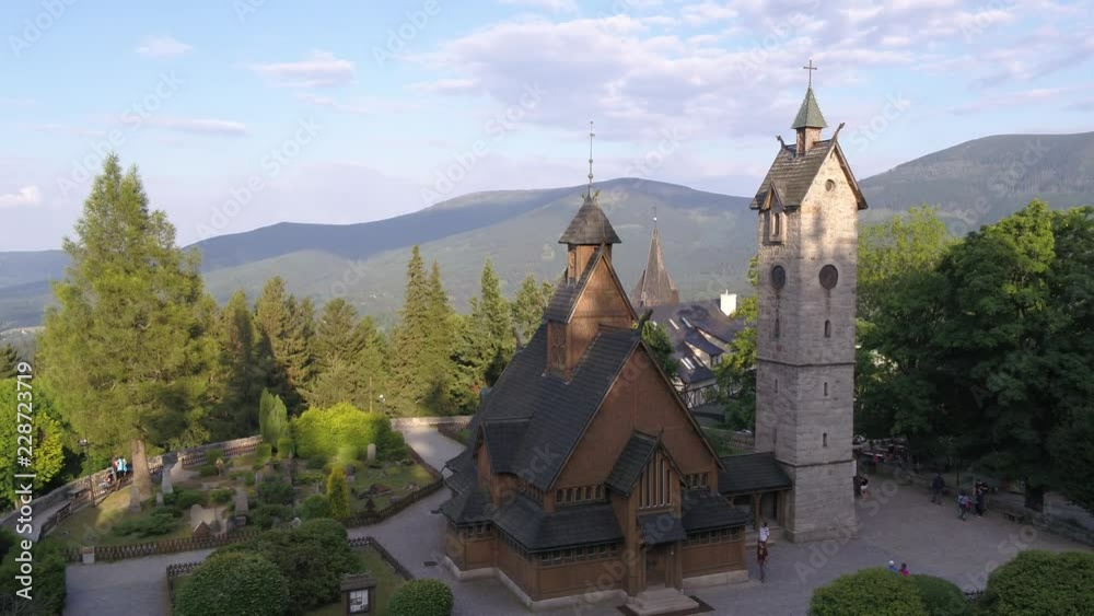 4K Drone aerial old monastery stave church Karpacz