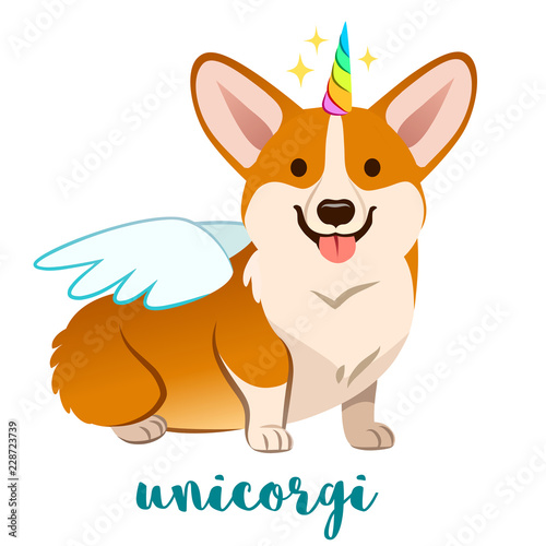 Unicorn corgi dog with horn and wings vector cartoon illustration. Cute funny corgi puppy smiling with tongue out, isolated on white. Humorous, magic, mythical creatures, believe in yourself.