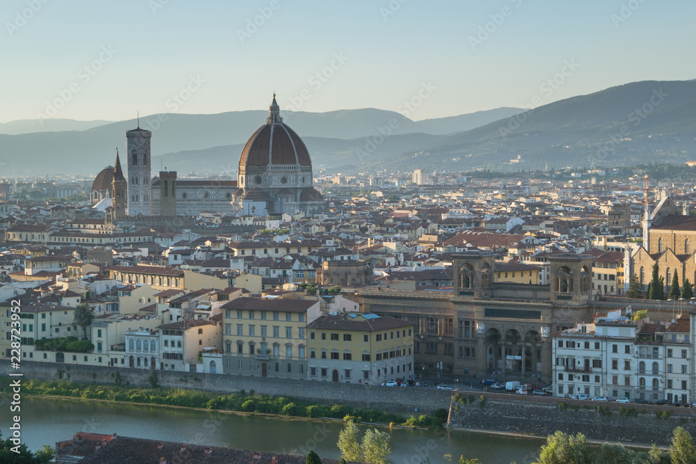 Beautiful view on hard of amazing Florence city and the Cathedral Santa Maria dl Fiore (Duomo), Florence, Italy