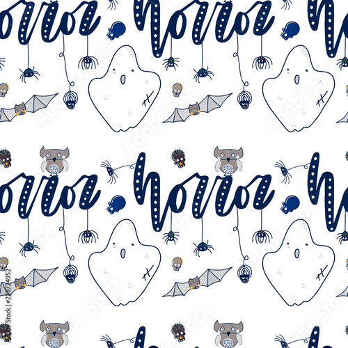 Pattern with ghosts, spiders and bats. Happy Halloween. Seamless pattern. Vector