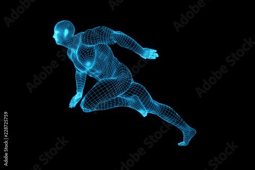 3D rendering of the running male body, blue mesh, robot, the future of artificial intelligence creative abstract concept background