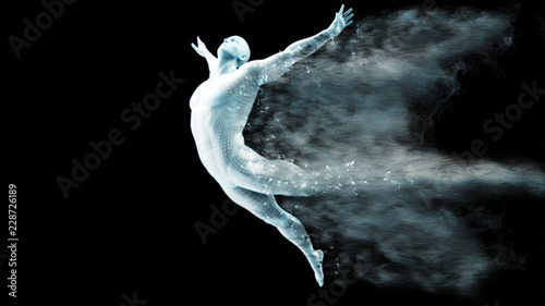 Abstract white plastic human body mannequin figure with scattering particles over black background. Action dance jump ballet pose. 3D rendering illustration
