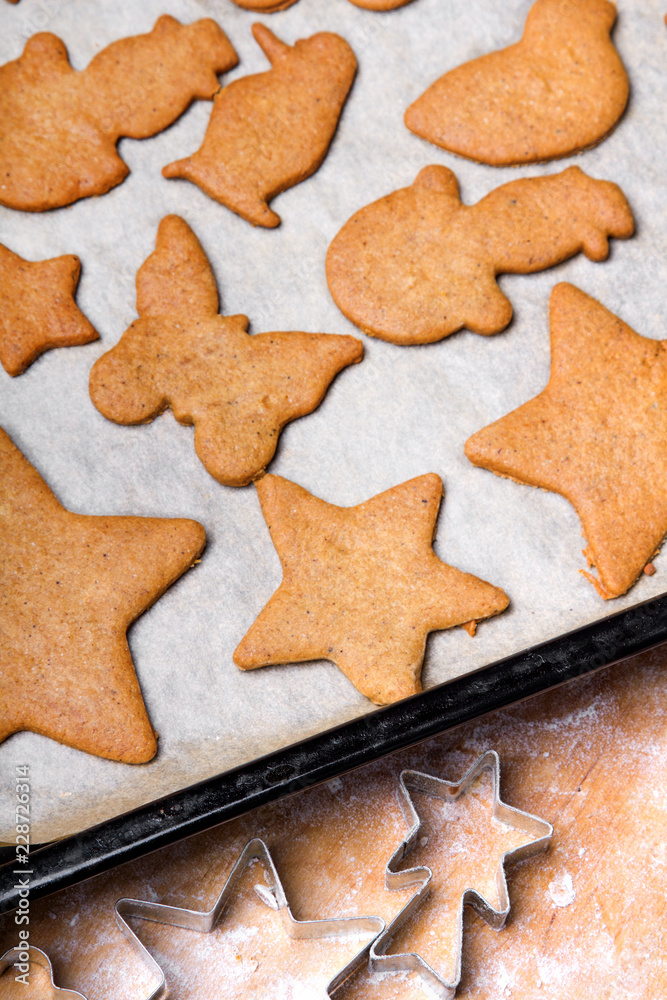 Preparing gingerbread cookies for Christmas. Various cookie shapes