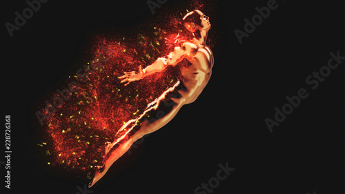 3D rendering，Jumping in the air golden male body particles trailing, robot, the future of artificial intelligence creative abstract concept background