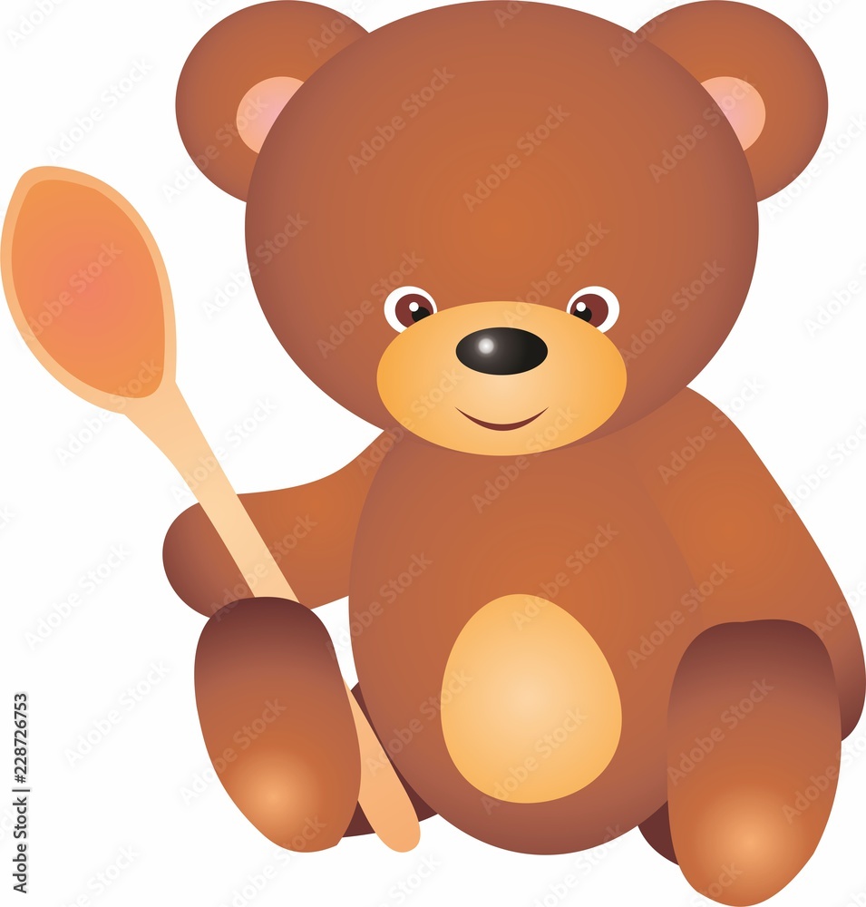 Obraz premium Little teddy bear cartoon character, sitting with a wooden spoon is preparing to eat. Illustration on white background