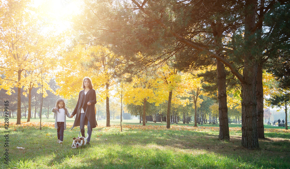 Fototapeta premium Family love abstract: autumn park, mother and daughter walking with dog
