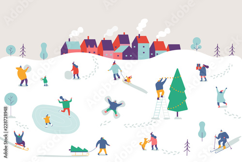 Fototapeta Naklejka Na Ścianę i Meble -  Winter outdoor activities. Snowy city background. People walking,having fun, skiing, ice skating, sledding. Flat vector illustration.