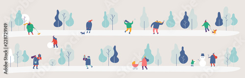 Winter Park gorizontal banner. Season background simple people characters have outdoor activities  Flat vector illustration. 
