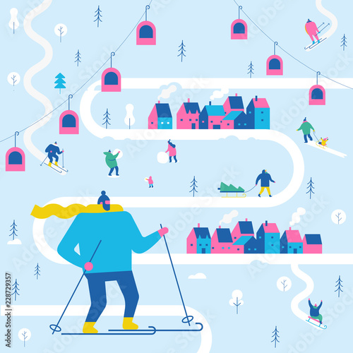 Ski resort flat vector illustration.Winter people background. Skiing, sledding. 