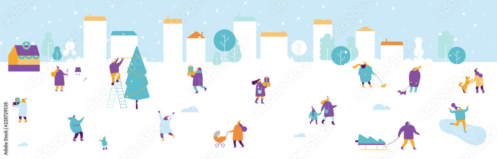 Fototapeta premium Winter outdoor activities. Snowy city background. People walking,having fun, skiing, ice skating, sledding. Flat vector illustration.
