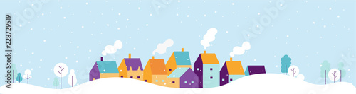 Winter city landscape. Snowy city background. Flat vector illustration.